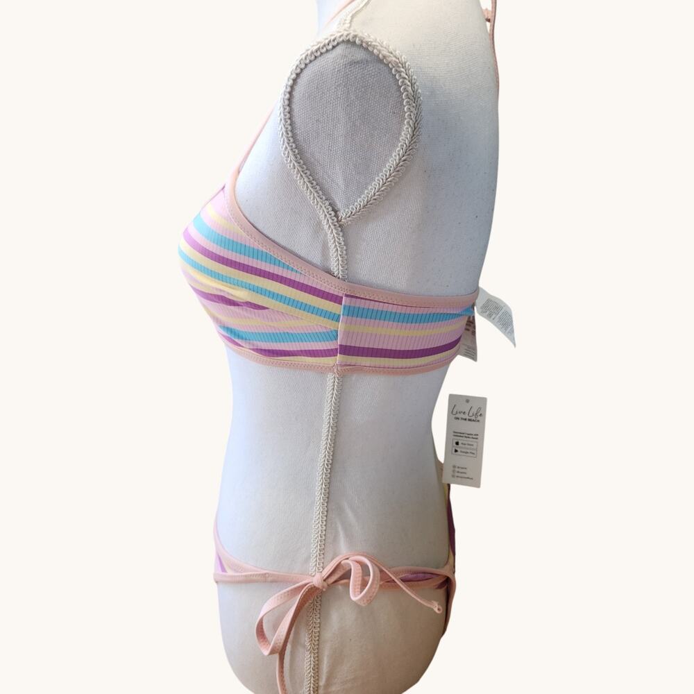 NWT CUPSHE Bikini Swimsuit 2 Pc Womens Small Striped Bandeau Top Hip Tie Sexy - Picture 4 of 14